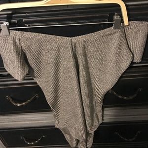 CAPULET off the shoulder gold shimmer bodysuit